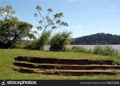 Old fundament of house on the bank of river Parana in Argentina