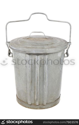 Old galvanized metal garbage can with lid and handle isolated on white