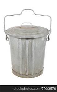 Old galvanized metal garbage can with lid and handle isolated on white