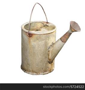 Old galvanized watering can isolated on white background.
