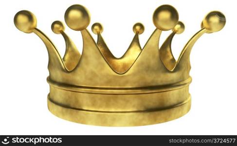 Old golden crown 3D render isolated on white background.