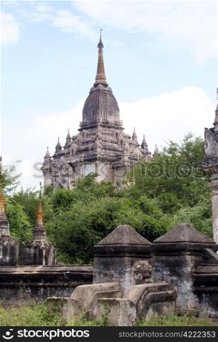 Old gray temple with spire in Bagan, Myanmar