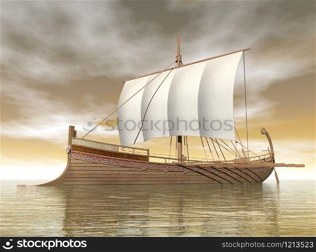 Old greek boat floating on the ocean by cloudy brown day. Old greek boat - 3D render