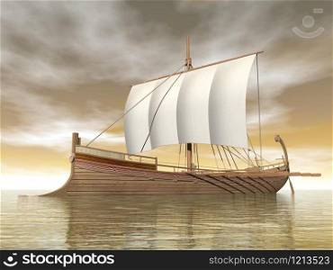 Old greek boat floating on the ocean by cloudy brown day. Old greek boat - 3D render