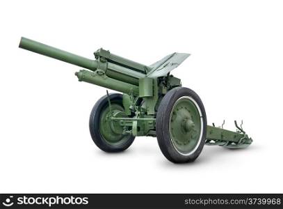 Old green cannon isolated on a white background