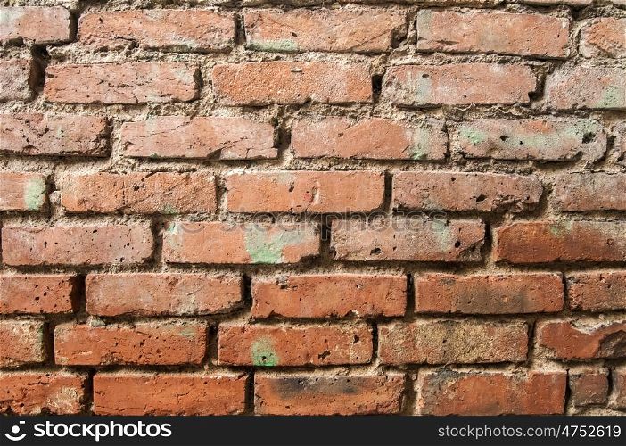 Old grunge weathered brick wall closeup as background