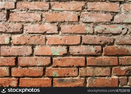 Old grunge weathered brick wall closeup as background