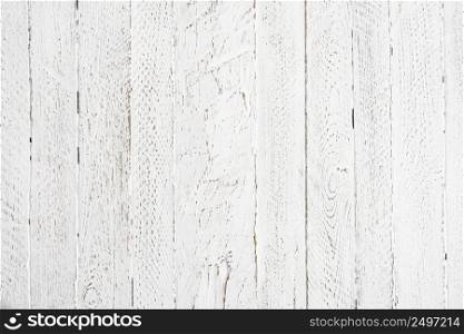 Old grunge white painted wooden planks table texture background flat lay top view