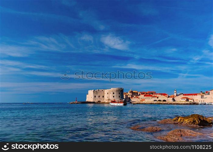 Old Harbour and Fort St Ivana in sunny day in Dubrovnik, Croatia. Old Harbor of Dubrovnik, Croatia