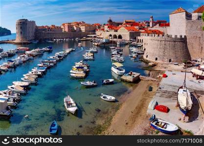 Old Harbour and Fort St Ivana in sunny day in Dubrovnik, Croatia. Old Harbor of Dubrovnik, Croatia
