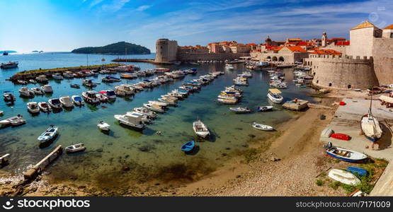 Old Harbour and Fort St Ivana in sunny day in Dubrovnik, Croatia. Old Harbor of Dubrovnik, Croatia