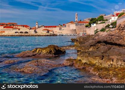 Old Harbour and Old Town in sunny day in Dubrovnik, Croatia. Old Harbor of Dubrovnik, Croatia