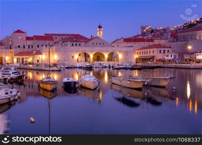 Old Harbour and Old Town of Dubrovnik at sunrise, Croatia. Old Harbor of Dubrovnik, Croatia