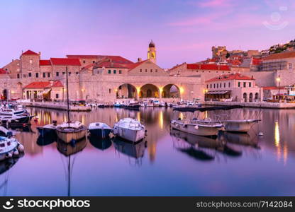 Old Harbour and Old Town of Dubrovnik at sunset, Croatia. Old Harbor of Dubrovnik, Croatia