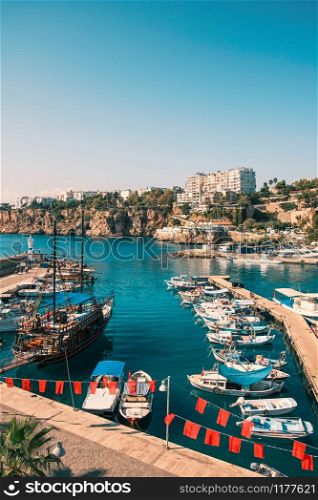 Old harbour in Antalya, Turkey - travel background. Antalya historical harbour