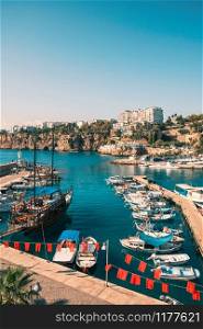 Old harbour in Antalya, Turkey - travel background. Antalya historical harbour