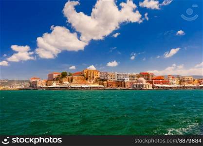 Old harbour of Chania with Venetian quay and Kucuk Hasan Pasha Mosque in the sunny morning, Crete, Greece. Old harbour, Chania, Crete, Greece