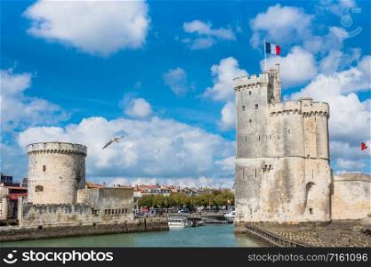 Old Harbour towers of ancient fortress of La Rochelle France