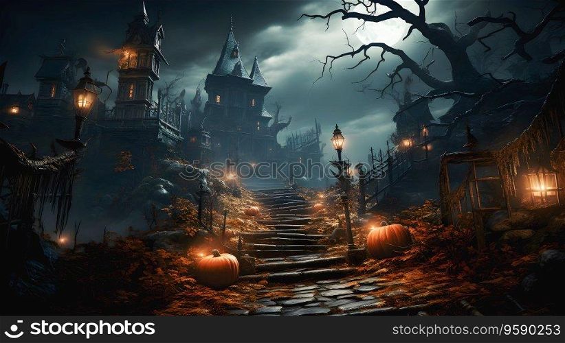 Old haunted abando≠d mansion with Halloween pumpkins, Jack O Lantern, decoration in spooky Halloween night atmosphere
