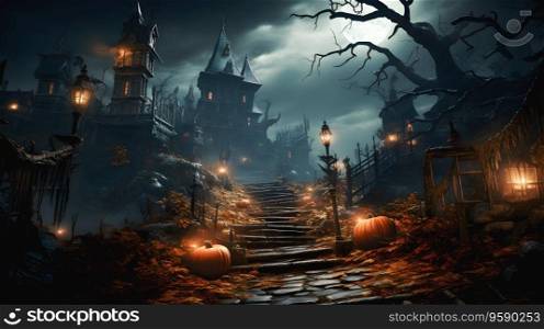 Old haunted abando≠d mansion with Halloween pumpkins, Jack O Lantern, decoration in spooky Halloween night atmosphere