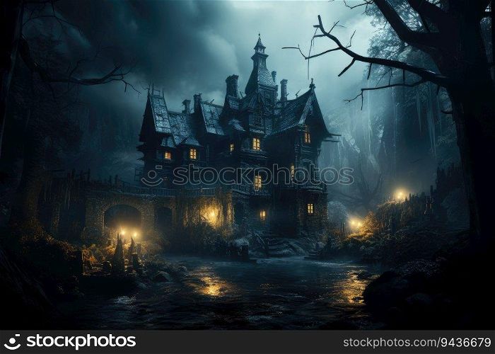 Old haunted abandoned mansion in creepy night forest. Halloween haunted house. Generative AI