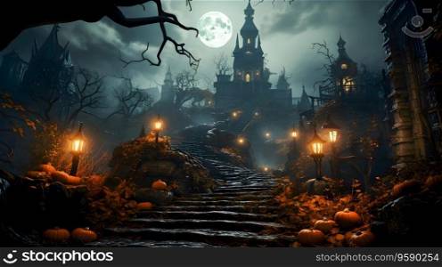 Old haunted abandoned mansion with Halloween pumpkins, Jack O Lantern, decoration in spooky Halloween night atmosphere