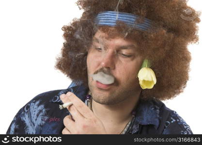 Old hippie having a smoke