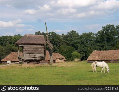 Old historical obsolete windmill and grazed horses near village
