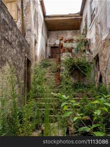 Old home in the town of Viseu in Portugal with overgrown garden and yard. Overgrown garden and yard with steps to front door in Viseu Portugal