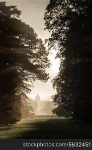 Old house viewed through misty sunlight in forest landscape