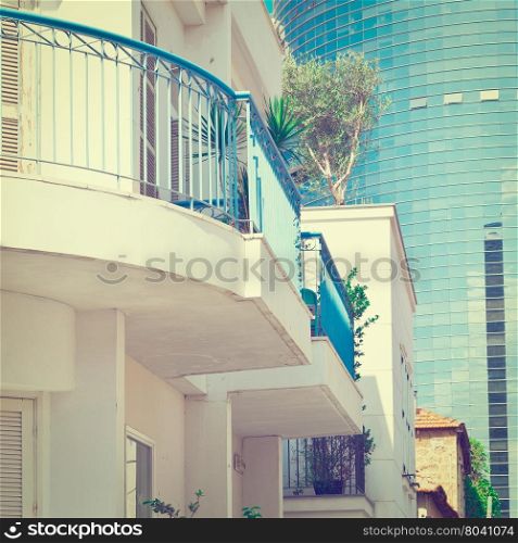 Old Houses after Reconstruction in Tel Aviv on the Background of the Modern Building, Instagram Effect