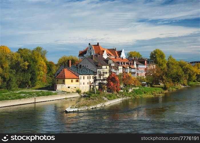 Old houses along Danube River in Regensburg, Bavaria, Germany. Houses along Danube River. Regensburg, Bavaria, Germany