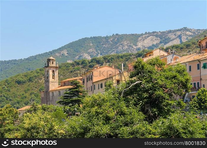 Old houses and bell tower on the hill on Elba Island, Marciana, Italy