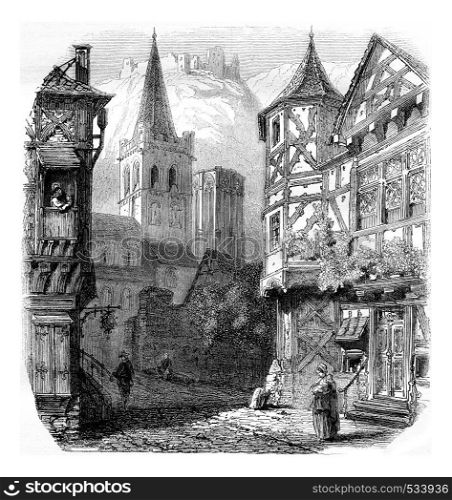 Old houses in Bacharach on the left bank of the Rhine, vintage engraved illustration. Magasin Pittoresque 1855.