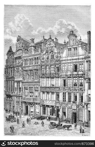 Old Houses in Brussels, Belgium, drawing by Benoist based on a photograph, vintage illustration. Le Tour du Monde, Travel Journal, 1881