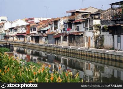 Old houses on the river in Melaka, Malaysia