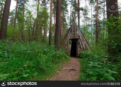 Old hovel of ancient altai people in the forest, Altai, Siberia, Russia. Old hovel of ancient altai people