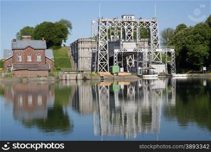 Old hydraulic boat lifts and historic Canal du Centre, Belgium, Unesco Heritage - The hydraulic lift of Thieu