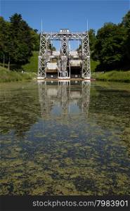 Old hydraulic boat lifts and historic Canal du Centre, Belgium, Unesco Heritage - The hydraulic lift of Strepy-Bracquegnies
