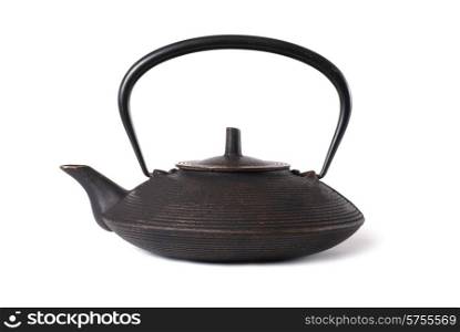 Old iron japanese teapot isolated on white background