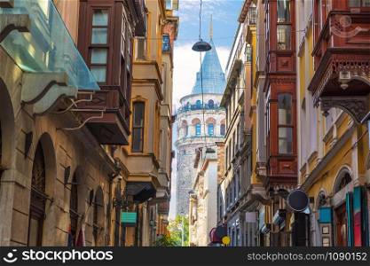 Old Istanbul street and the Galata Tower, Turkey.. Old Istanbul street and the Galata Tower, Turkey