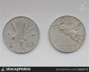 Old Italian coins. Ancient Italian 10 Liras coins