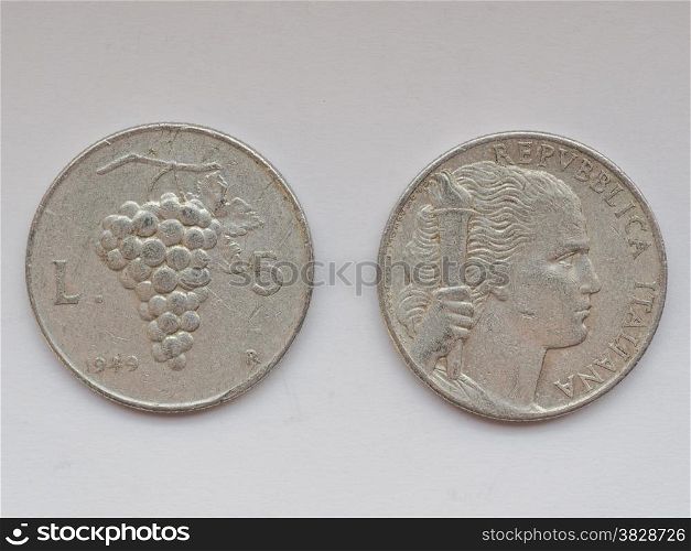 Old Italian coins. Ancient Italian 5 Liras coins