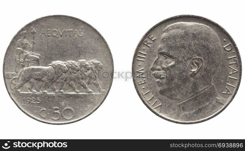 Old Italian Lira with Vittorio Emanuele III King isolated over white. Old Italian Lira 50 cents coin with Victor Emmanuel III King and Emperor (Vittorio Emanuele III Re e Imperatore in Italian), circa 1925 isolated over white background