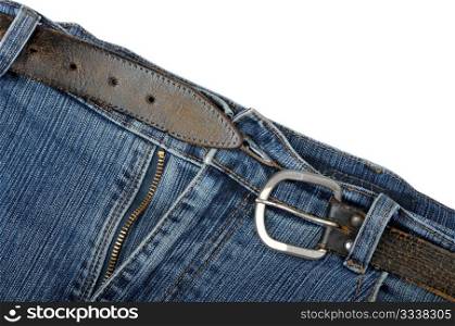 old jeans and a leather belt on a white background