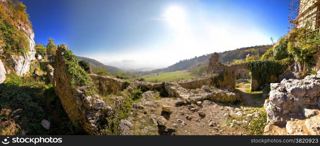 Old Kalnik mountain fortress ruins panoramic view, Prigorje, Croatia