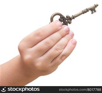 old key in a baby hands isolated on white background