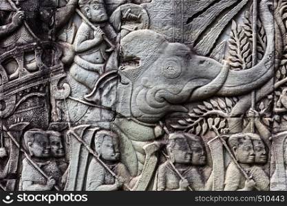 old khmer art carvings bas-relief on the wall