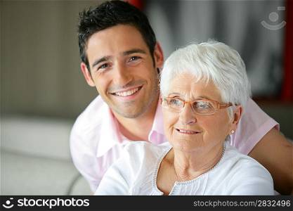 Old lady and her grandson spending time together