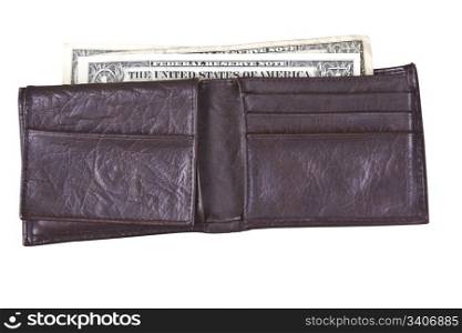 Old leather wallet with paper currency on white background
